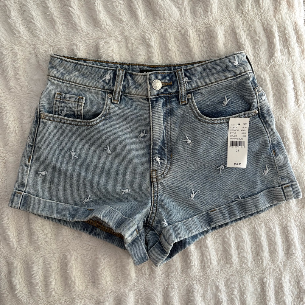 Playboy X Pacsun Raining Bunnies High-Waisted Denim Shorts 24 Nwt